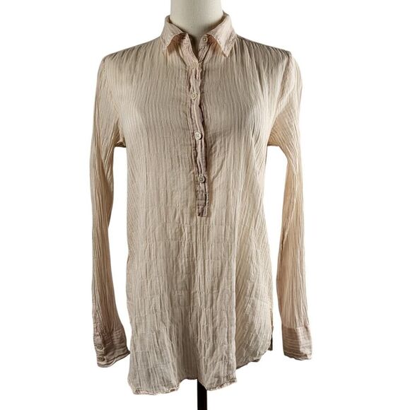 LOFT The Softened Shirt X-Small Crinkled Cotton Semi Sheer Pink White Stripes - Picture 3 of 13